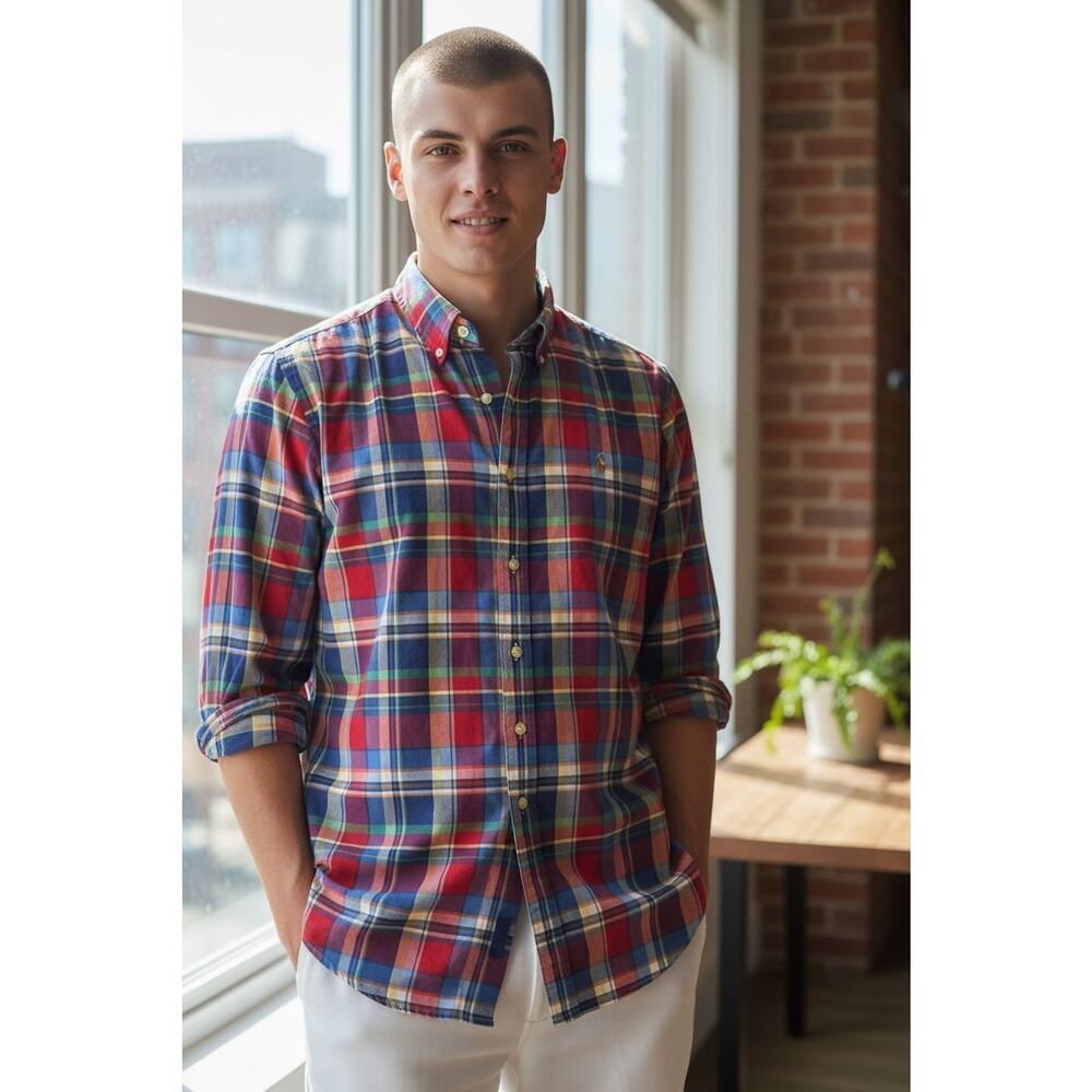 Polo Ralph‎ Lauren Shirt Mens Medium Red Plaid Slim Fit Button Up Preppy Cotton